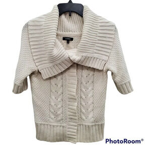Express Women's White Chunky‎ Open Knit Fold Over Neck Snap Sweater Size S